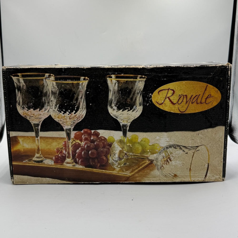 Royale Set of 4 Water Goblets 24 Karat Gold Rim‎ Optic Swirl Glass Turkey 03124